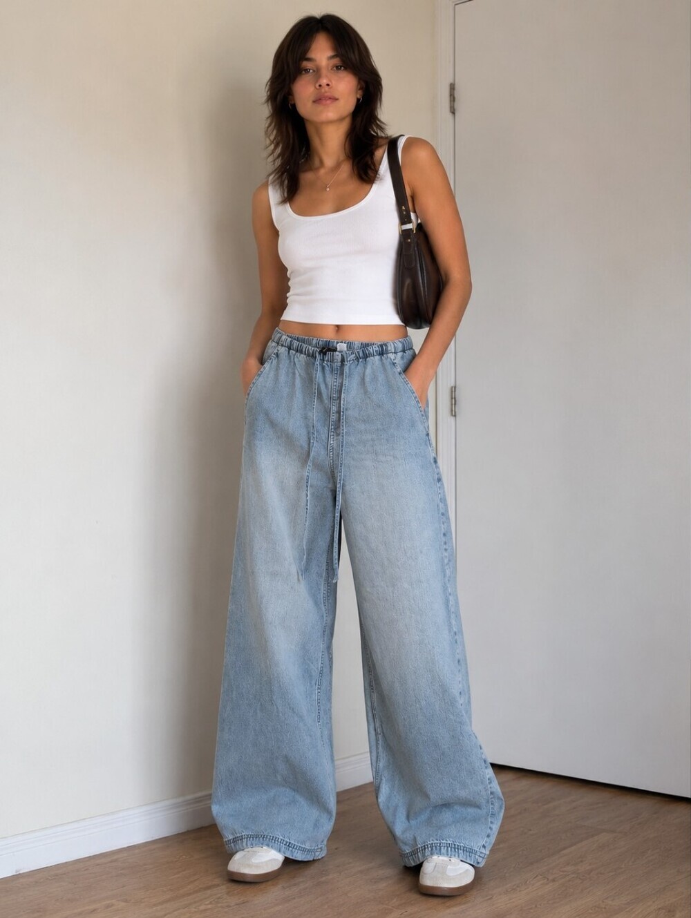 H&M Divided Light Wash Wide Leg Drawstring Jeans XS Casual Denim Pants